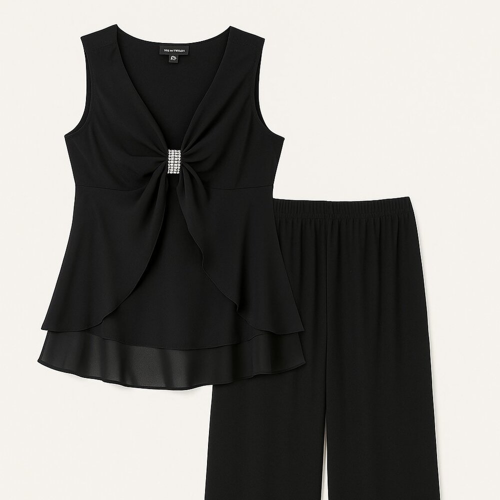 R & M Richards Black Cocktail Set – Embellished Chiffon Top (Size 8) & Wide-Leg